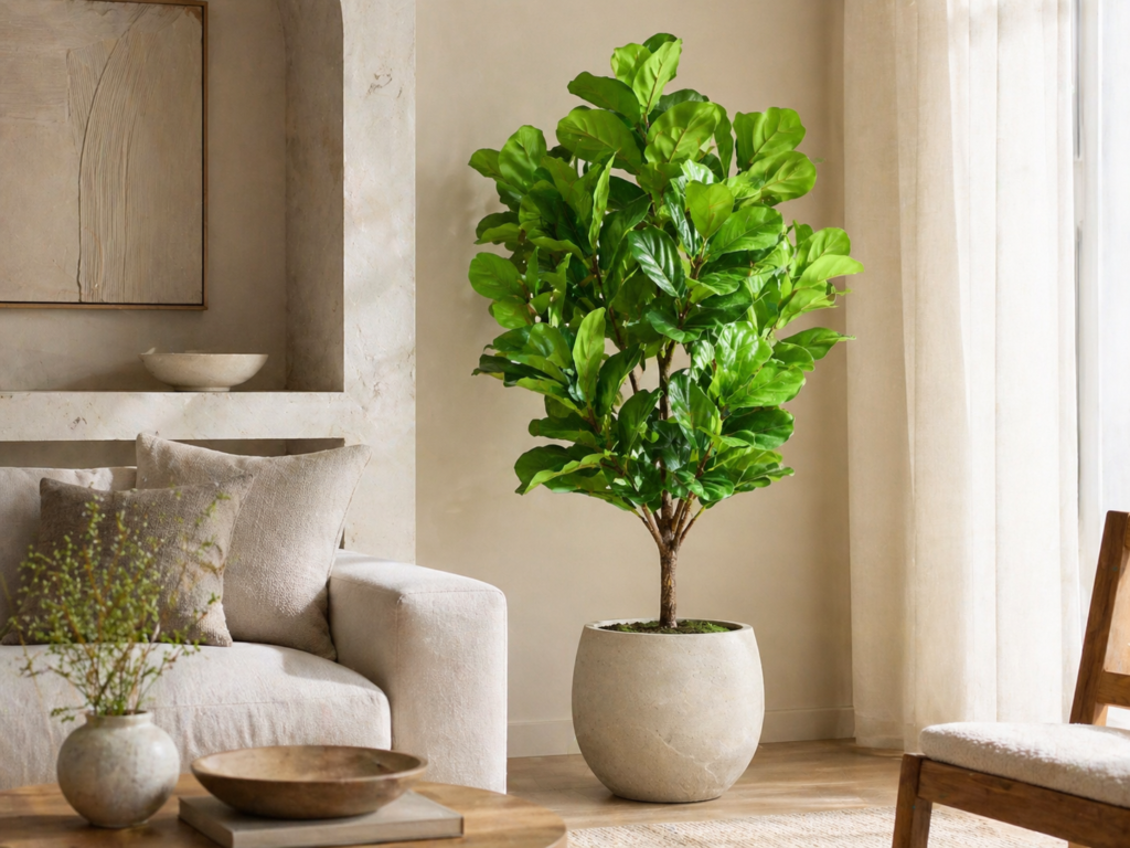 Faux fiddle leaf fig tree styled in a neutral modern living room