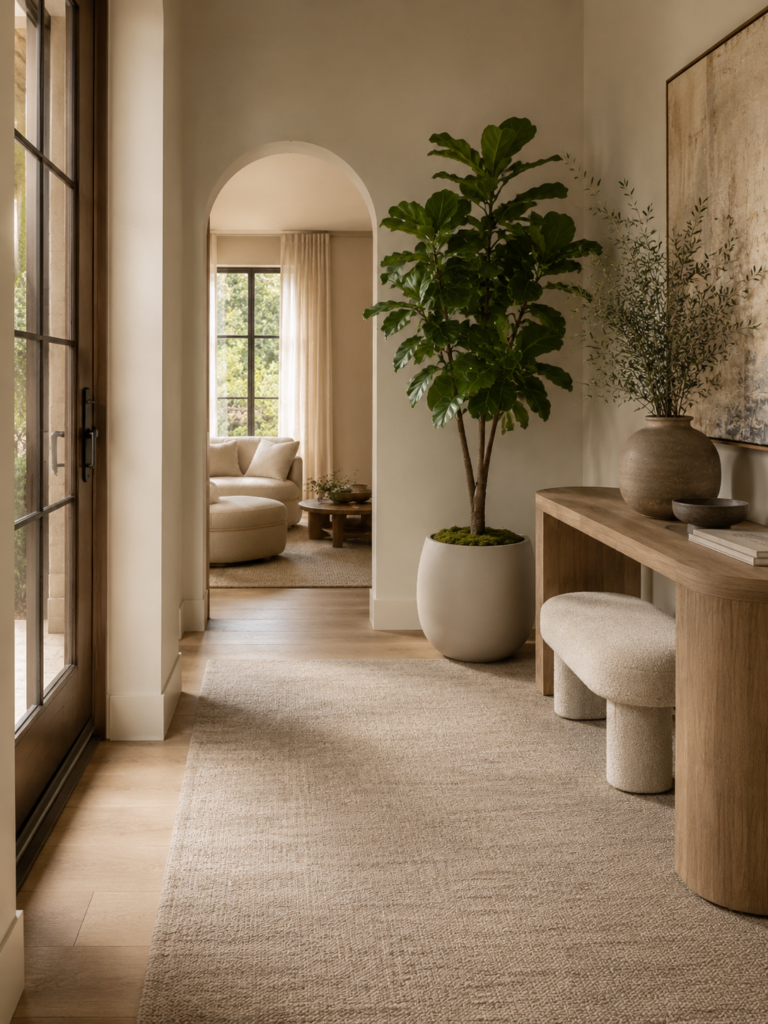 Faux fiddle leaf fig styled in a refined entryway with an arched doorway, wood console, and soft natural light.