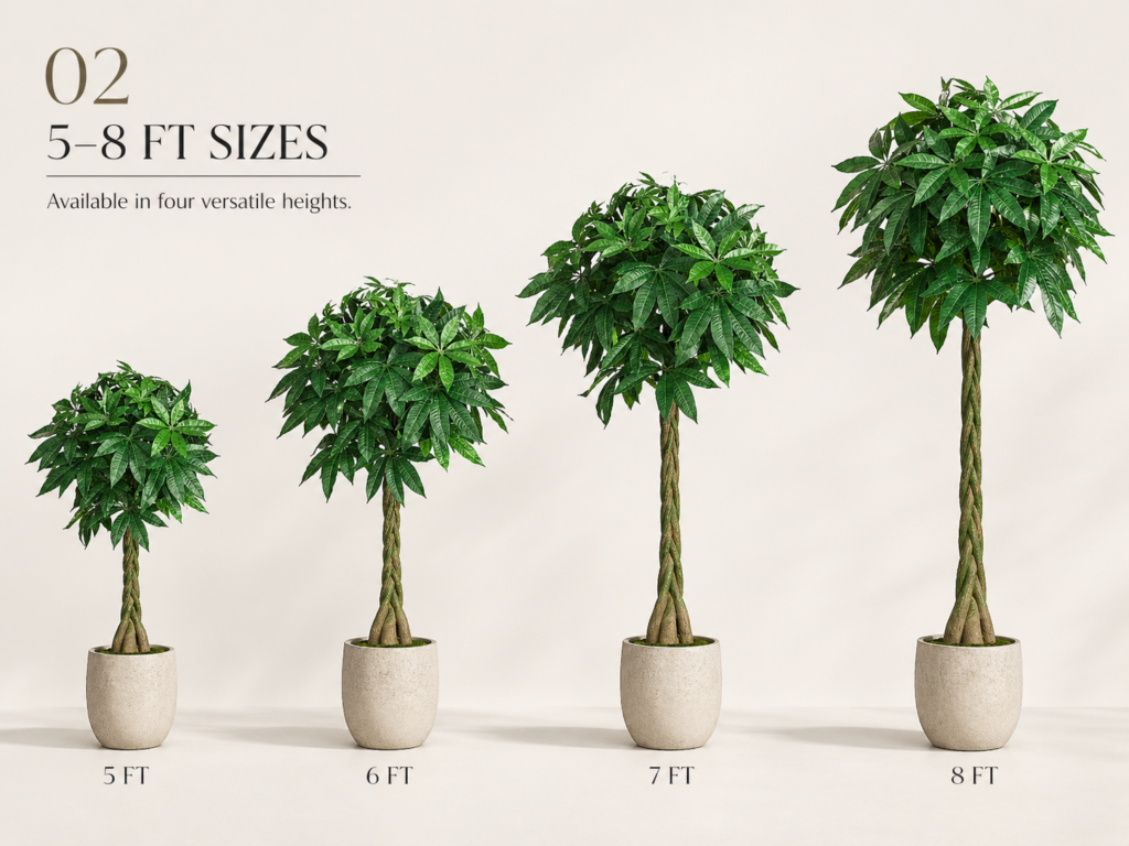 Faux money tree size options from 5 ft to 8 ft