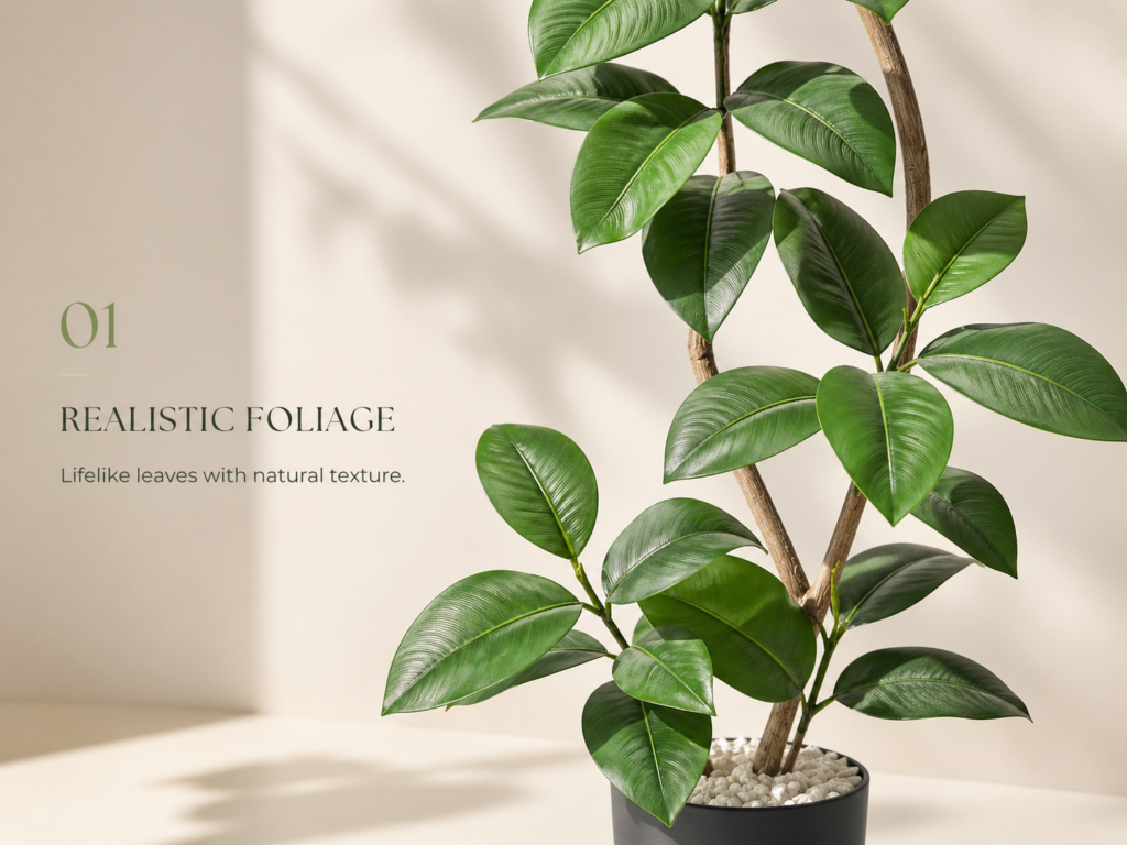 Realistic faux ficus tree foliage with natural green leaves and branch detail