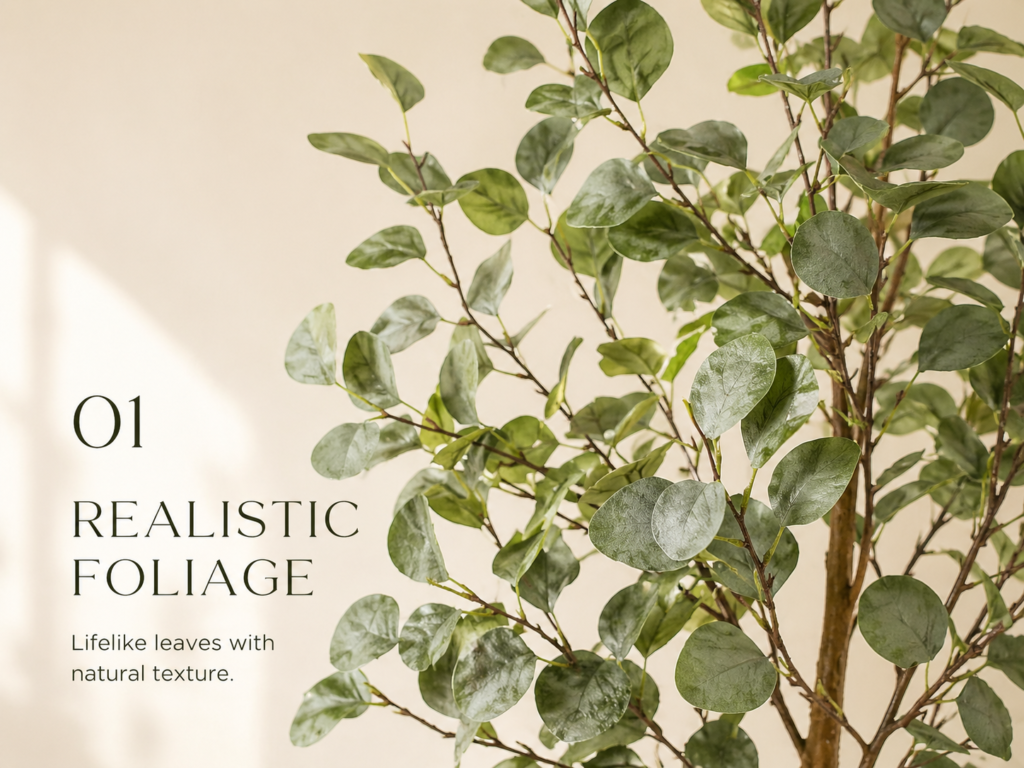 Realistic faux eucalyptus tree foliage with soft green round leaves