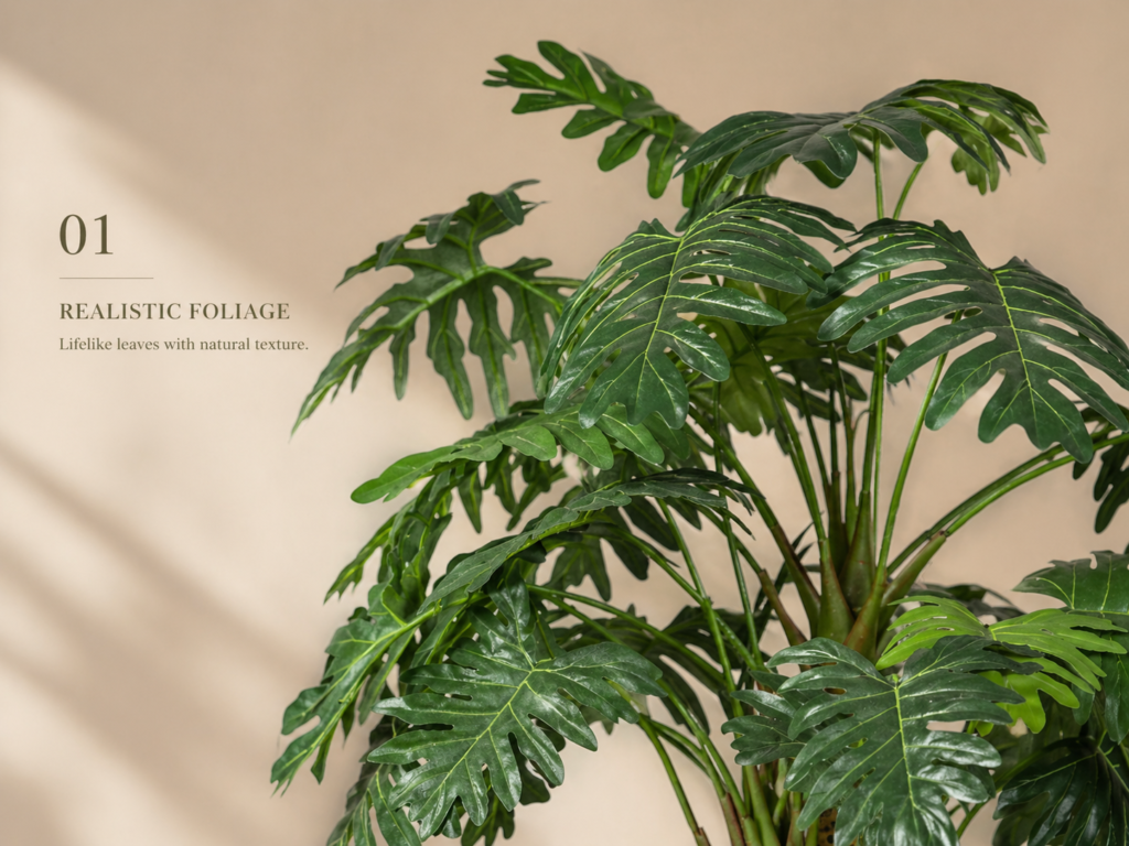 Realistic faux philodendron selloum foliage with large split green leaves