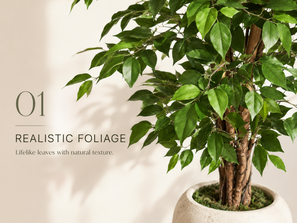 Realistic faux ficus tree foliage with natural green leaves and trunk detail
