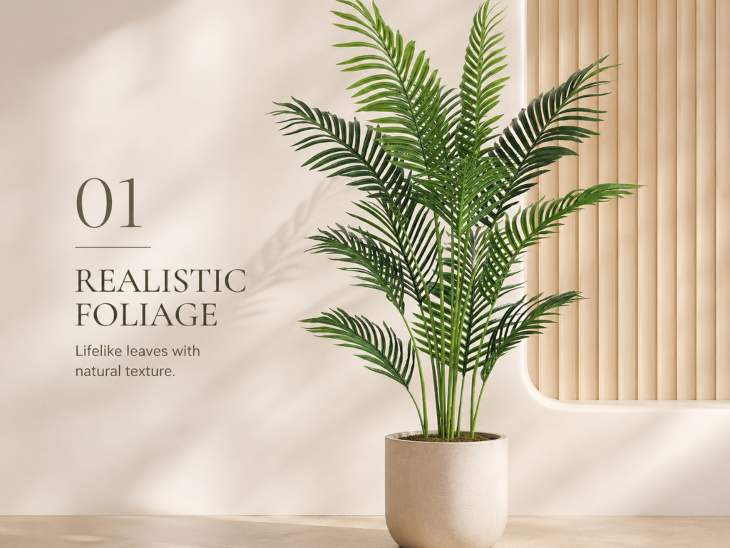 Realistic faux areca palm tree foliage with natural green fronds