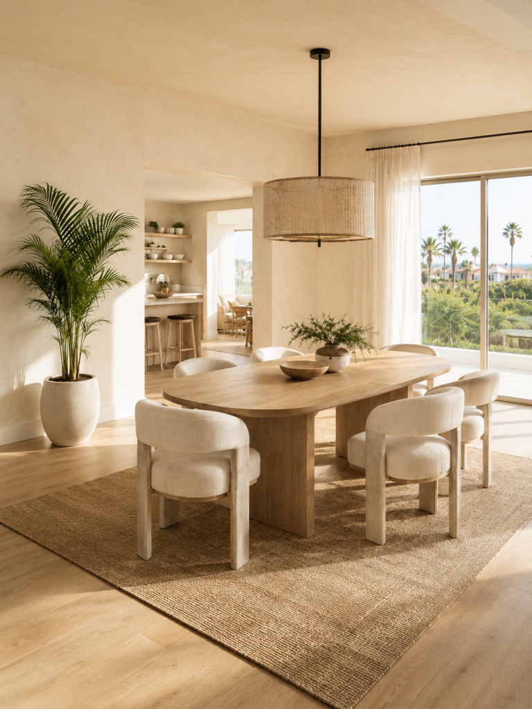 Bright coastal dining room with a faux areca palm, light wood table, cream dining chairs, and soft natural light.