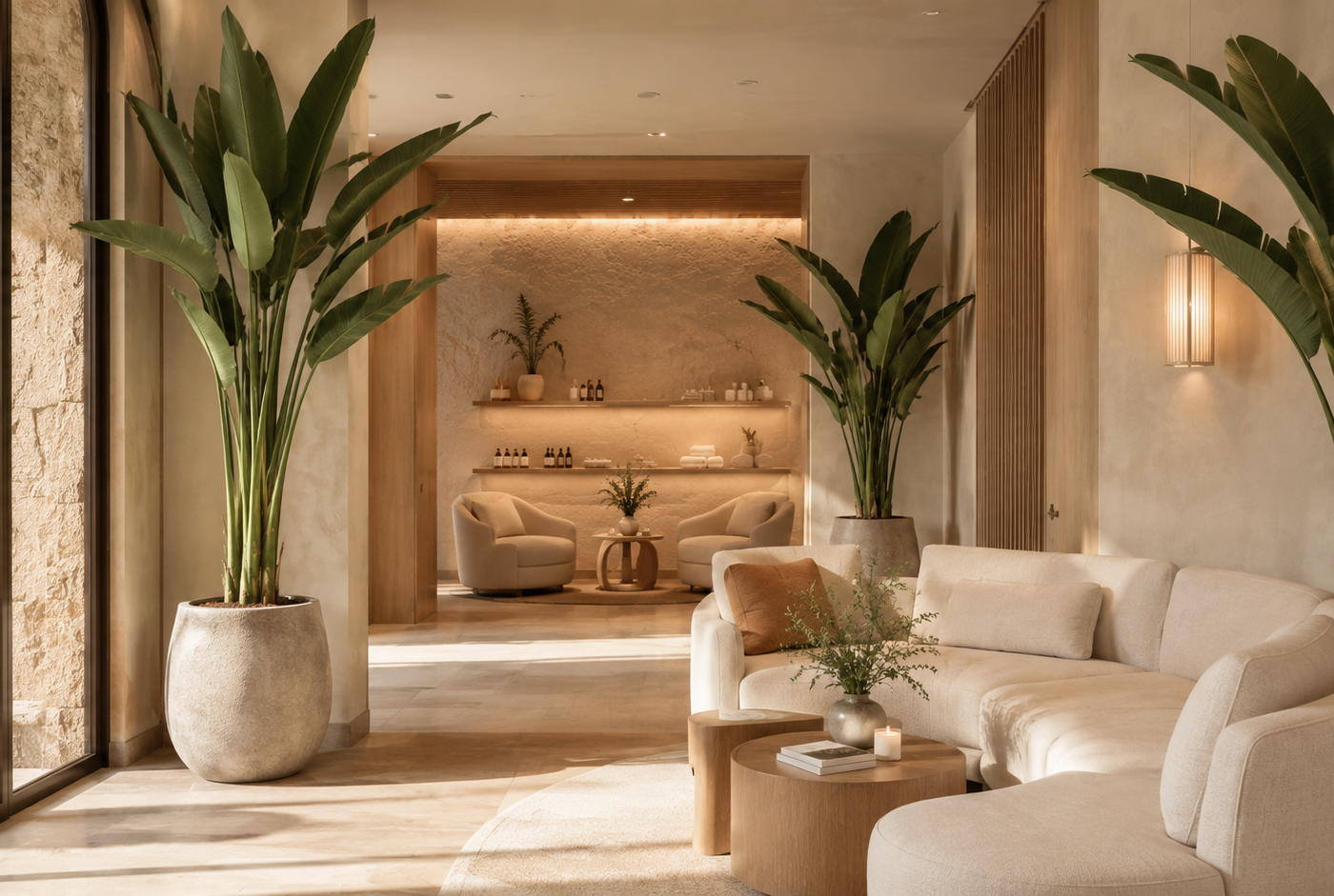 Refined wellness spa lounge with medium-height faux bird of paradise plants, warm neutral interiors, and Scottsdale hospitality styling.