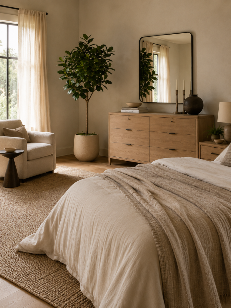 Faux rubber tree styled in a calm contemporary bedroom with a light wood dresser, cream armchair, and warm natural light.