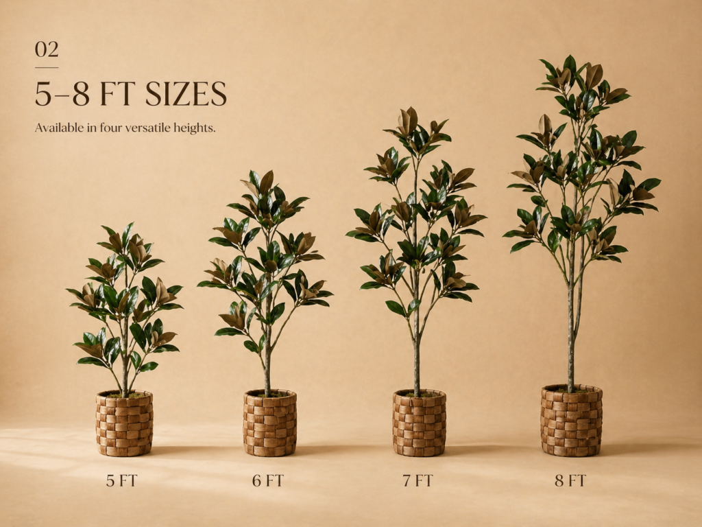 Faux magnolia tree size options from 5 ft to 8 ft