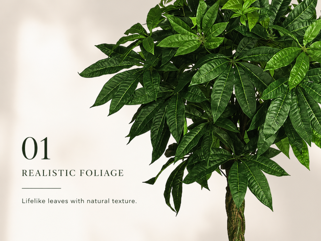 Realistic faux money tree foliage with dense green leaves and braided trunk