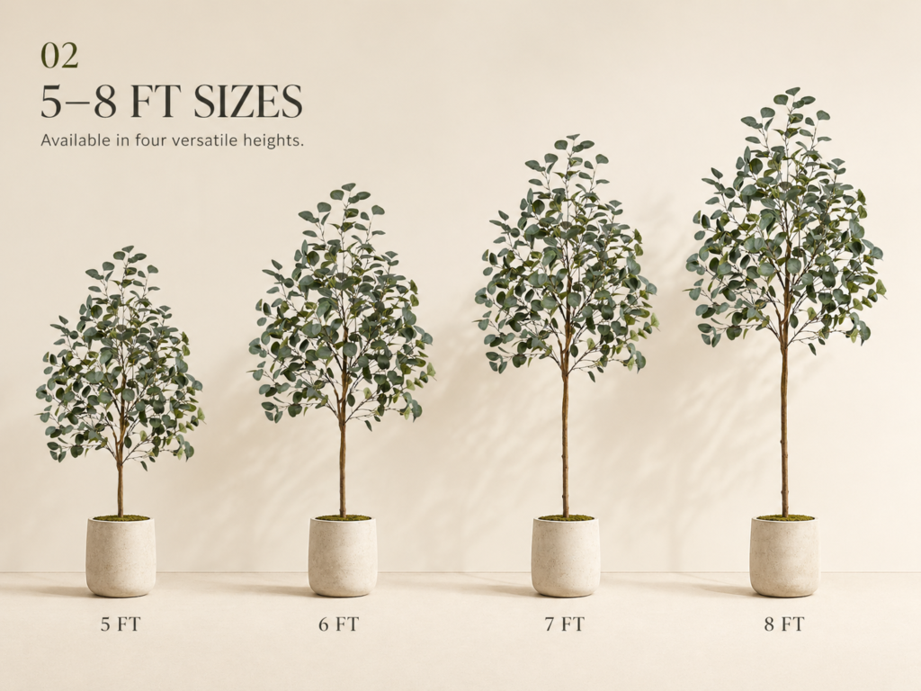 Faux eucalyptus tree size options from 5 ft to 8 ft