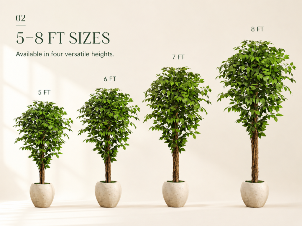 Faux ficus tree size options from 5 ft to 8 ft