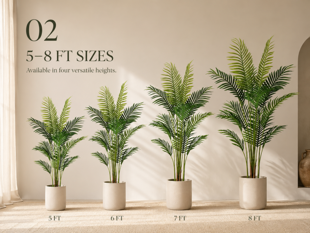Faux areca palm tree size options from 5 ft to 8 ft
