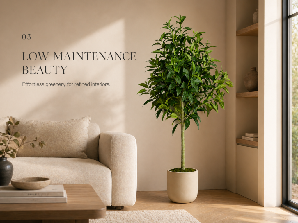 Faux laurel tree styled in a neutral living room with low-maintenance greenery