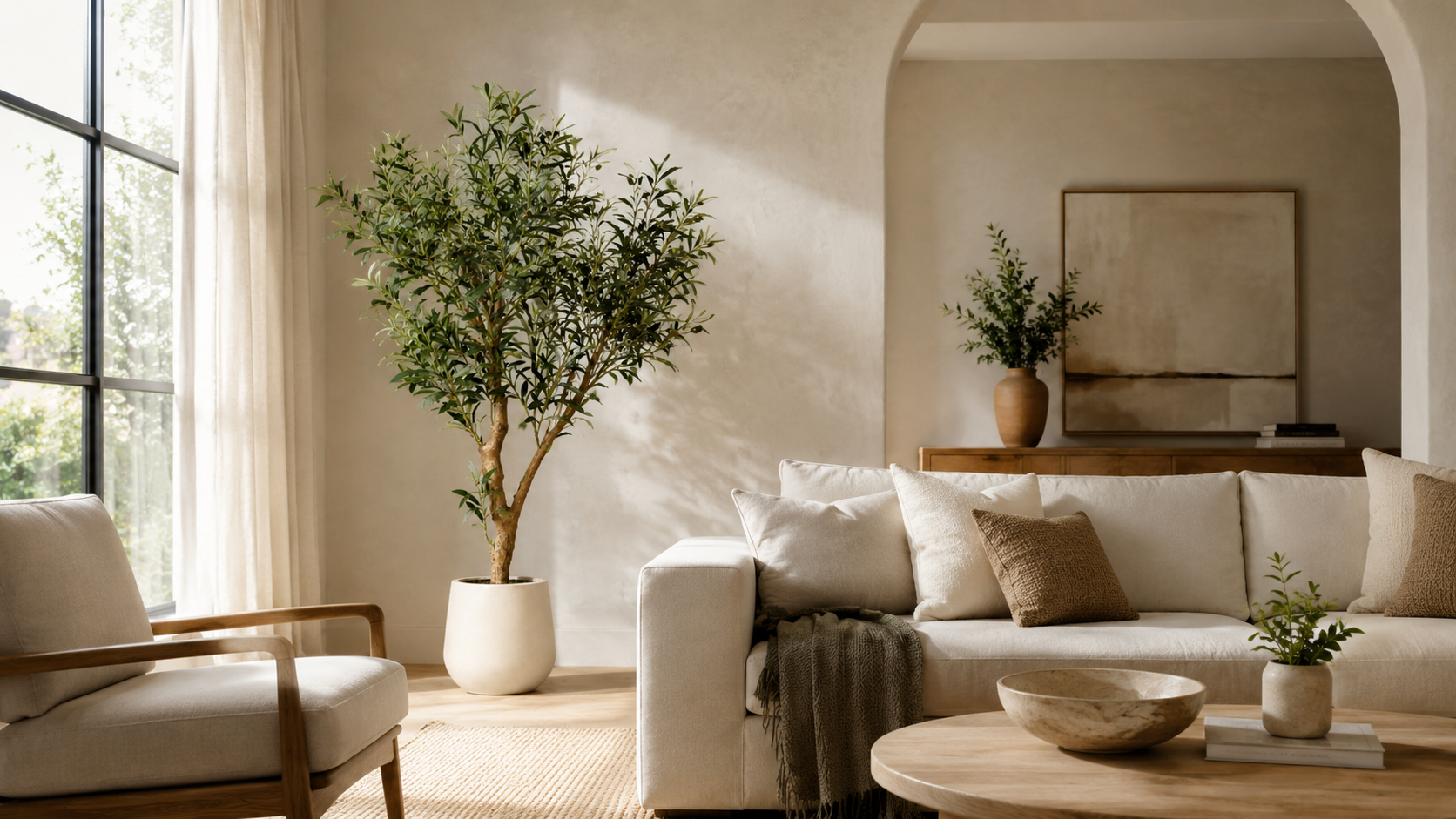Wide view of a living room with a faux olive tree, cream sofa, wood coffee table, and arched wall detail.