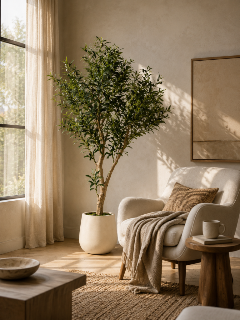 Faux olive tree beside a cream accent chair and side table in a sunlit neutral living room corner.