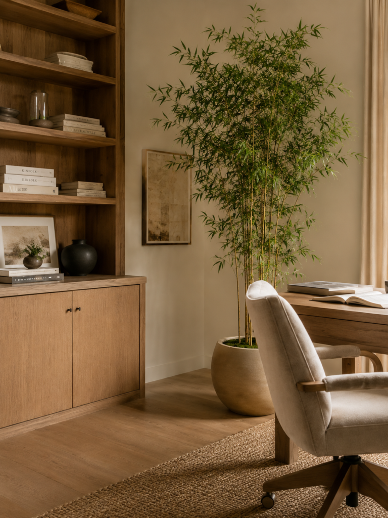 Faux bamboo palm styled in a serene home office with built-in shelving, a wood desk, and soft natural light.