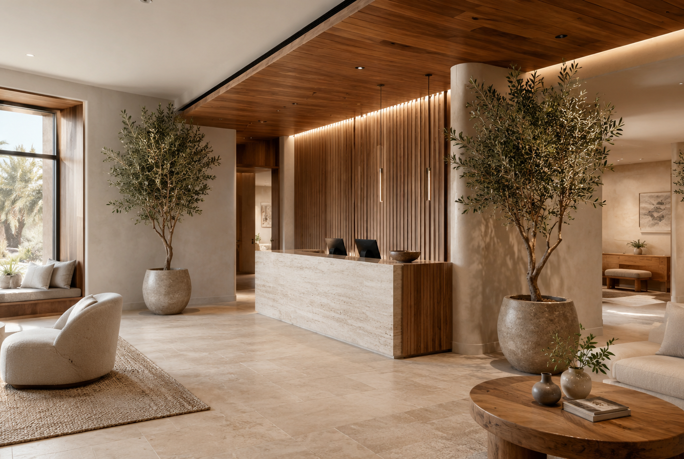 Refined leasing gallery interior with premium faux olive trees, warm desert-neutral finishes, reception lounge seating, and Scottsdale commercial styling.