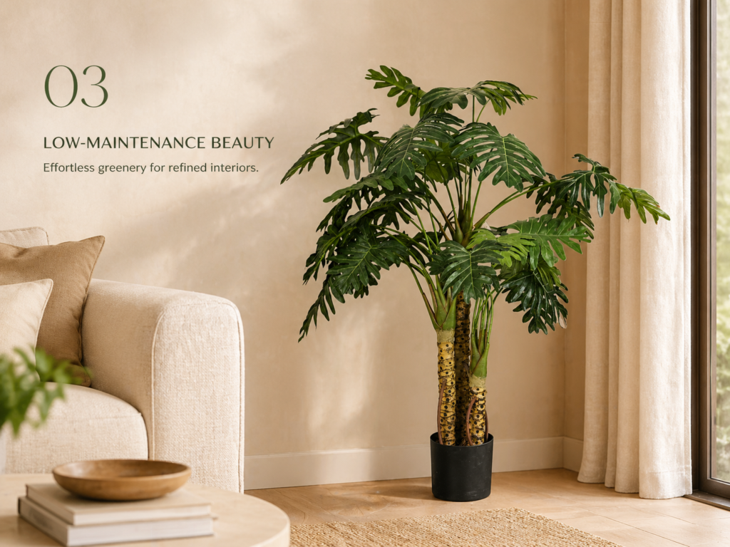 Faux philodendron selloum tree styled in a neutral living room with low-maintenance greenery