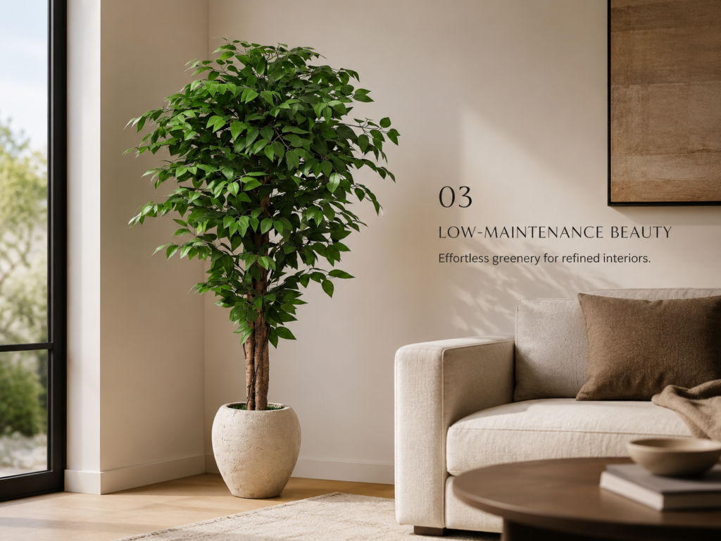 Faux ficus tree styled in a neutral living room with low-maintenance greenery