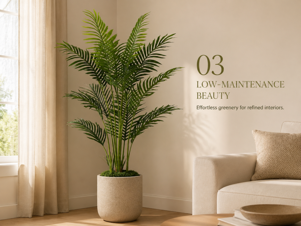 Faux areca palm tree styled in a neutral living room with low-maintenance greenery