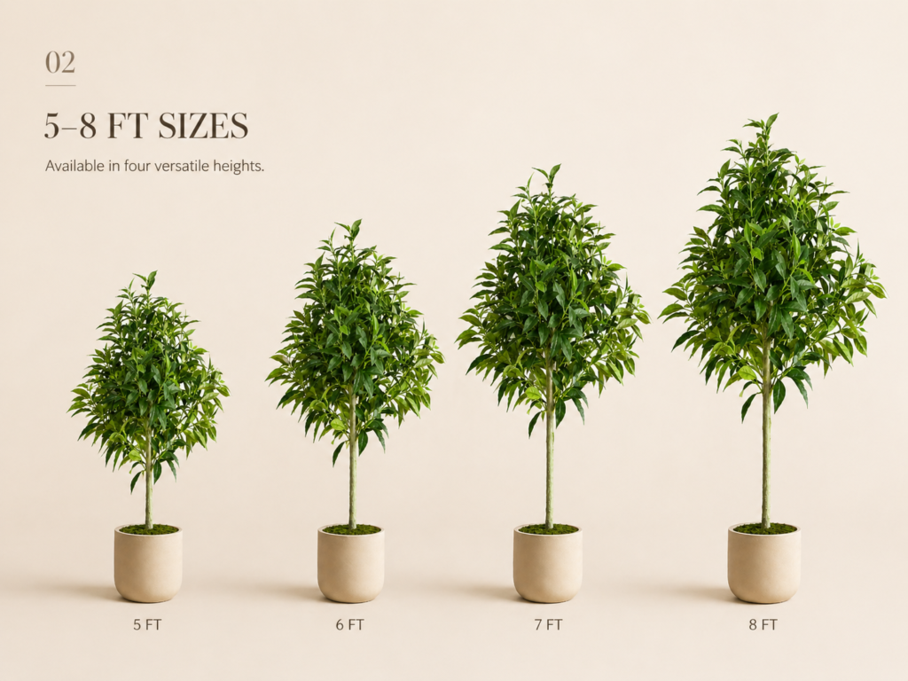 Faux laurel tree size options from 5 ft to 8 ft