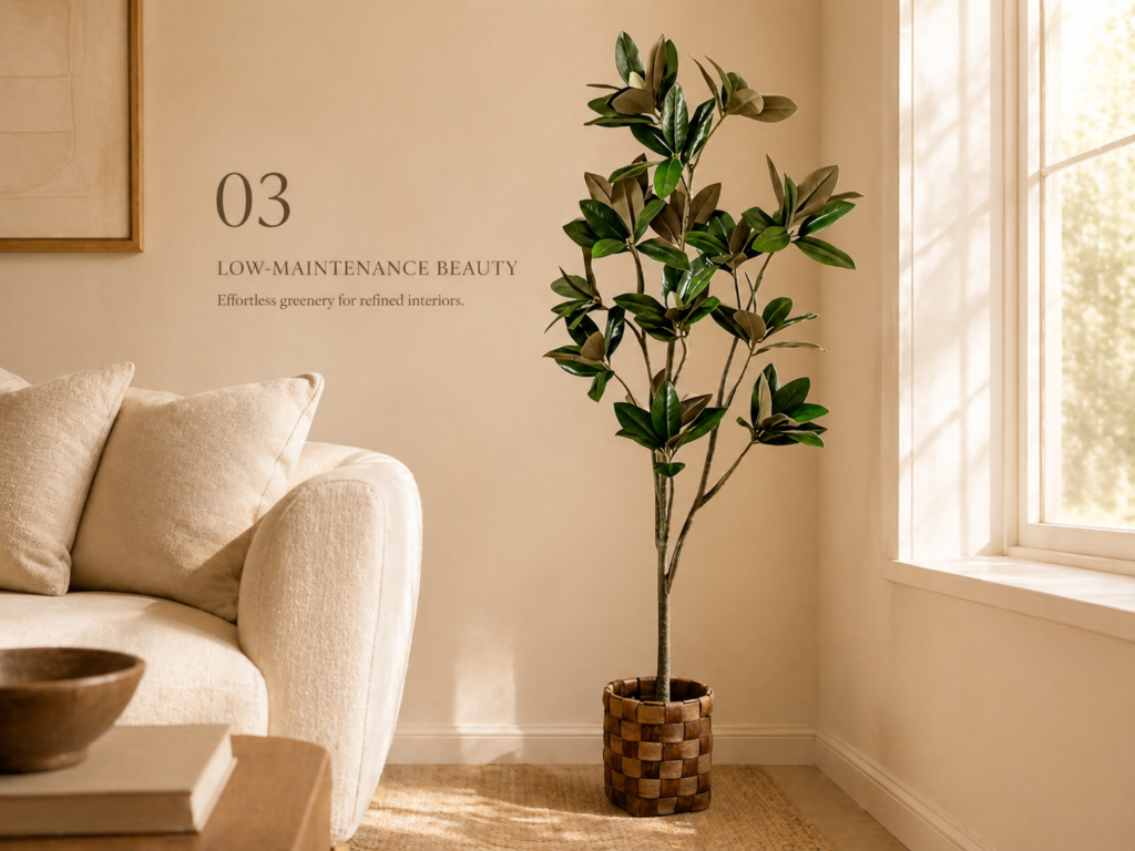 Faux magnolia tree styled in a neutral living room with low-maintenance greenery