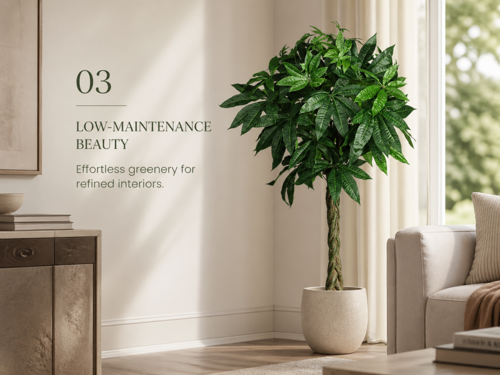 Faux money tree styled in a neutral living room with low-maintenance greenery