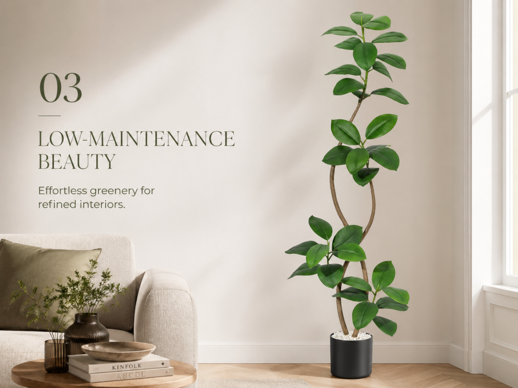 Faux ficus tree styled in a neutral living room with low-maintenance greenery