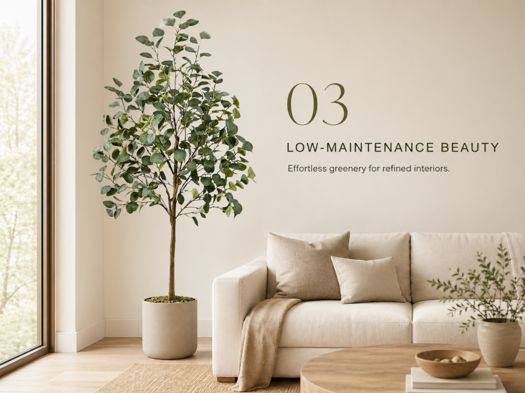 Faux eucalyptus tree styled in a neutral living room with low-maintenance greenery