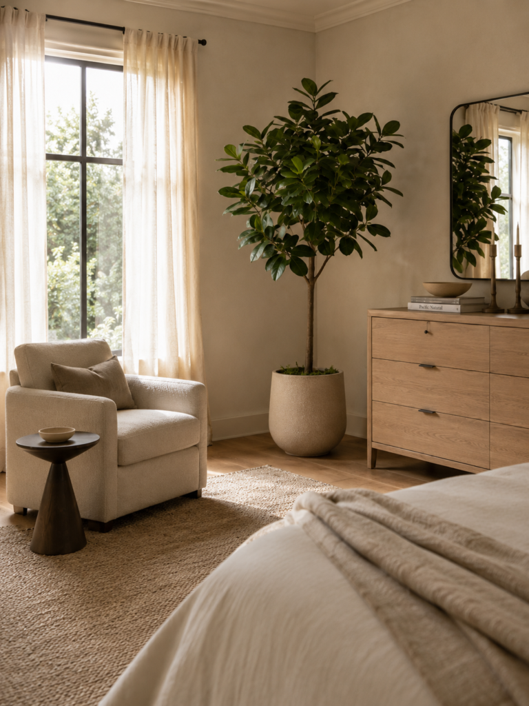 Faux rubber tree styled beside a cream armchair and dresser in a warm sunlit bedroom.