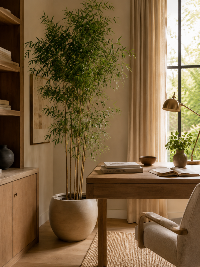 Faux bamboo palm beside a desk in a bright home office with window light, shelving, and warm wood finishes.