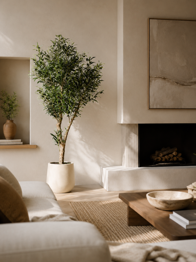 Faux olive tree styled beside a modern fireplace in a warm neutral living room with a low wood coffee table.