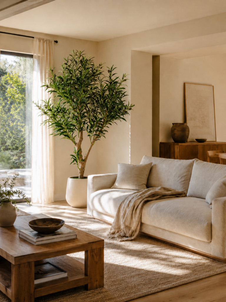 Premium faux olive tree styled in a sunlit living room corner with a cream sofa and wood coffee table.