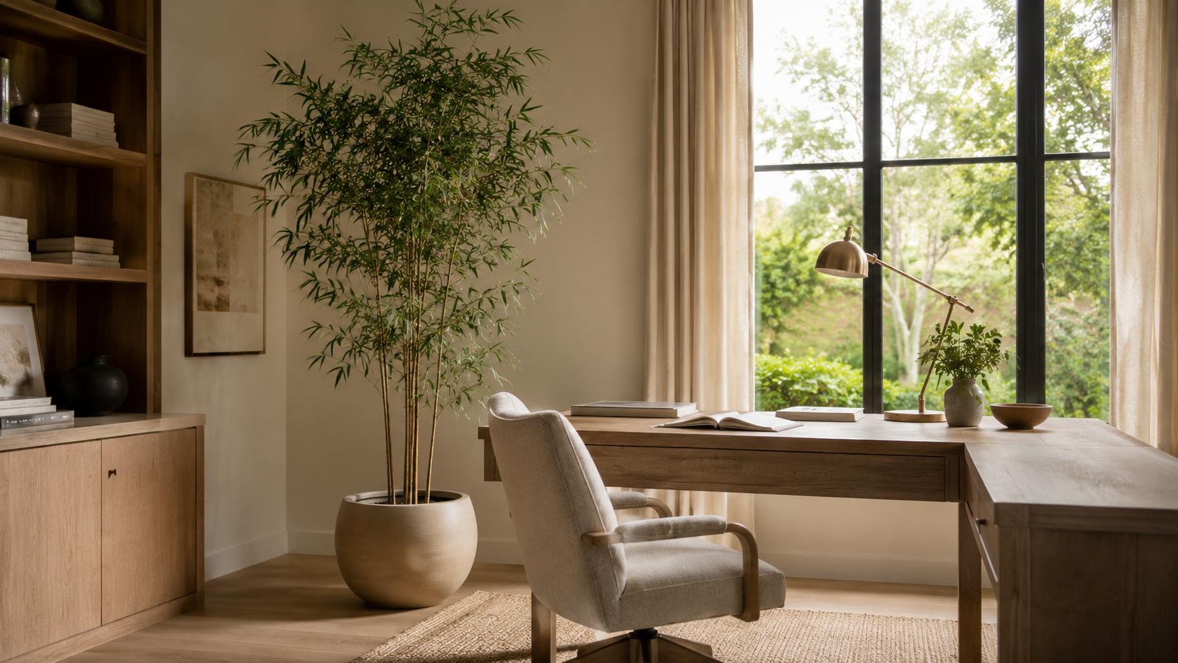 Wide view of a home office with a faux bamboo palm, wood desk, upholstered chair, and large sunlit window.
