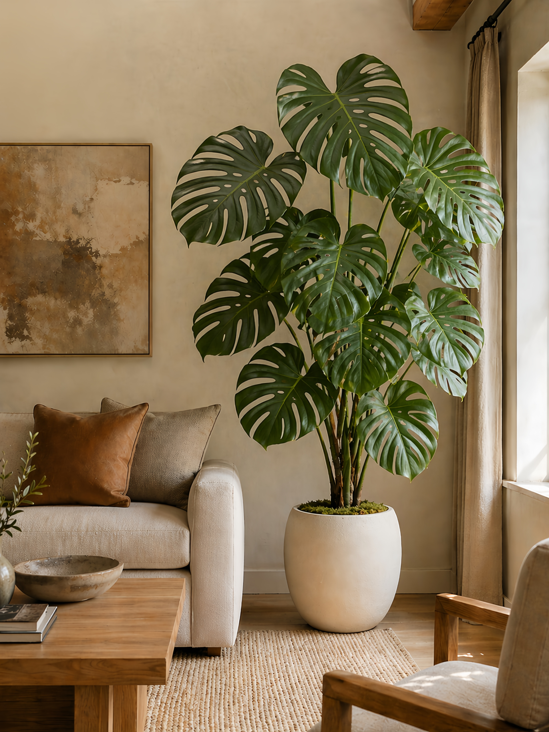 Artificial monstera plants styled in a modern interior