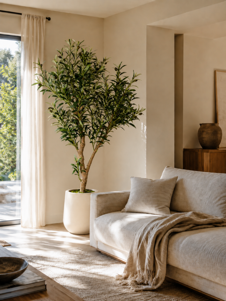 Lifelike faux olive tree in a warm neutral lounge with a soft linen sofa and natural window light.