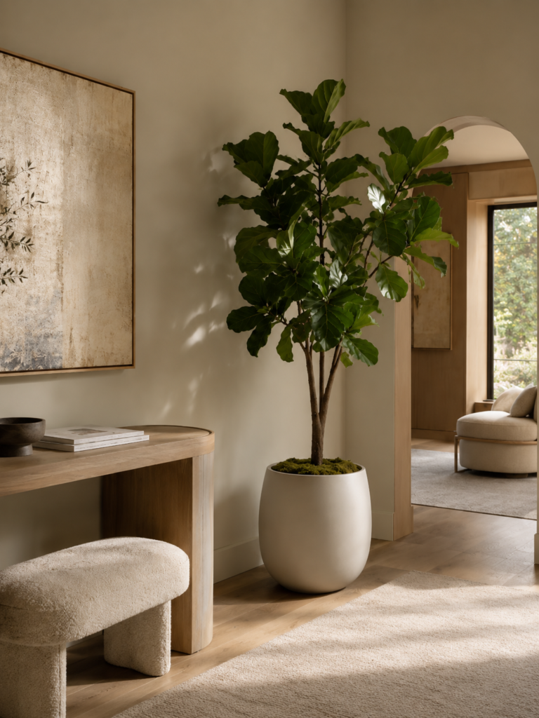 Faux fiddle leaf fig beside a curved wood console in a warm neutral entryway with soft sunlight.