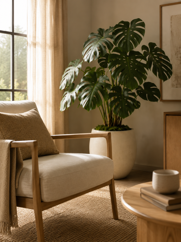 Faux monstera plant styled beside a cream lounge chair in a soft contemporary living room corner.