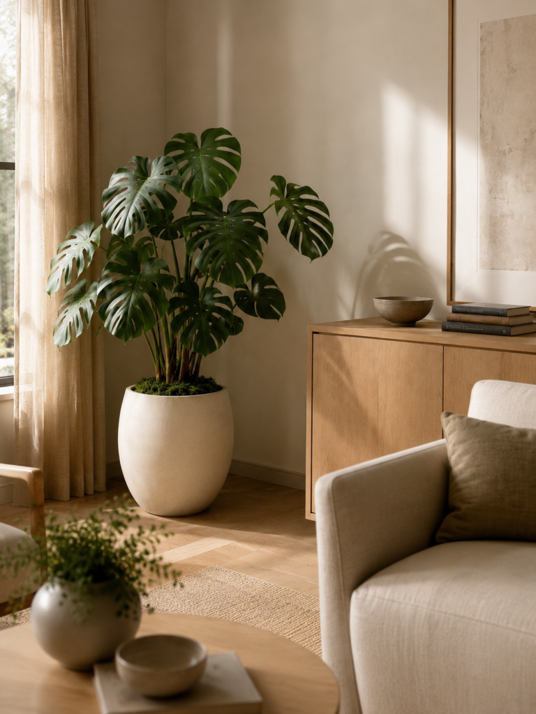 Lifelike faux monstera in a white planter with a wood sideboard and soft neutral living room decor.