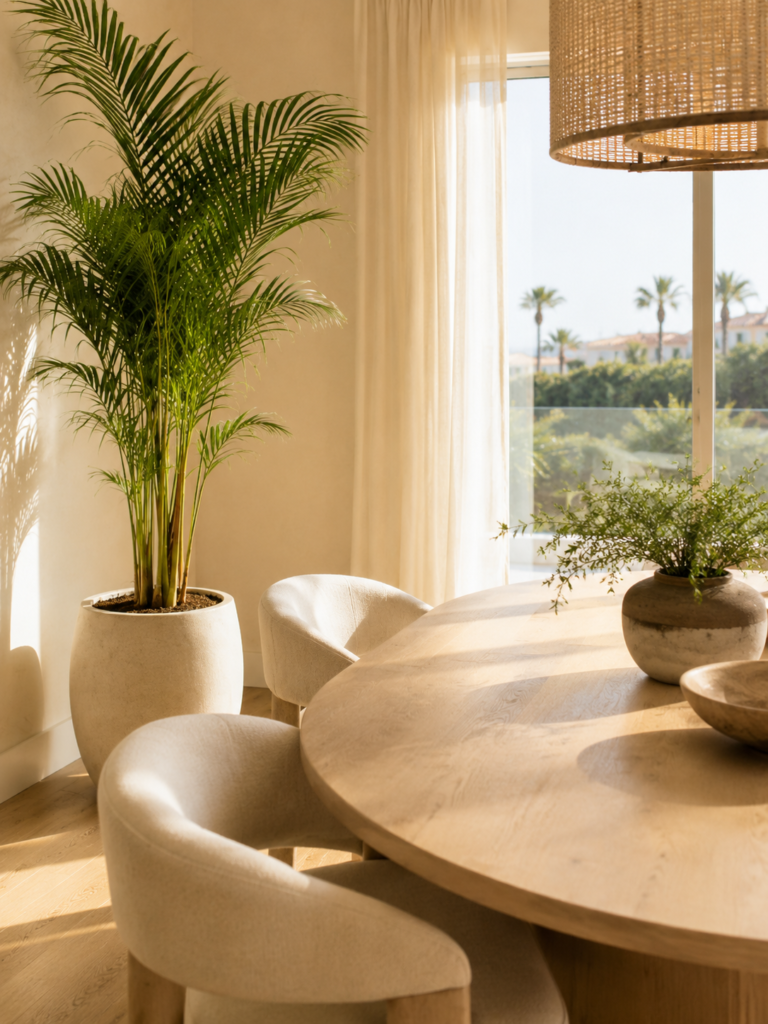 Close view of a lifelike faux areca palm beside a light wood dining table in a sunlit modern dining room.