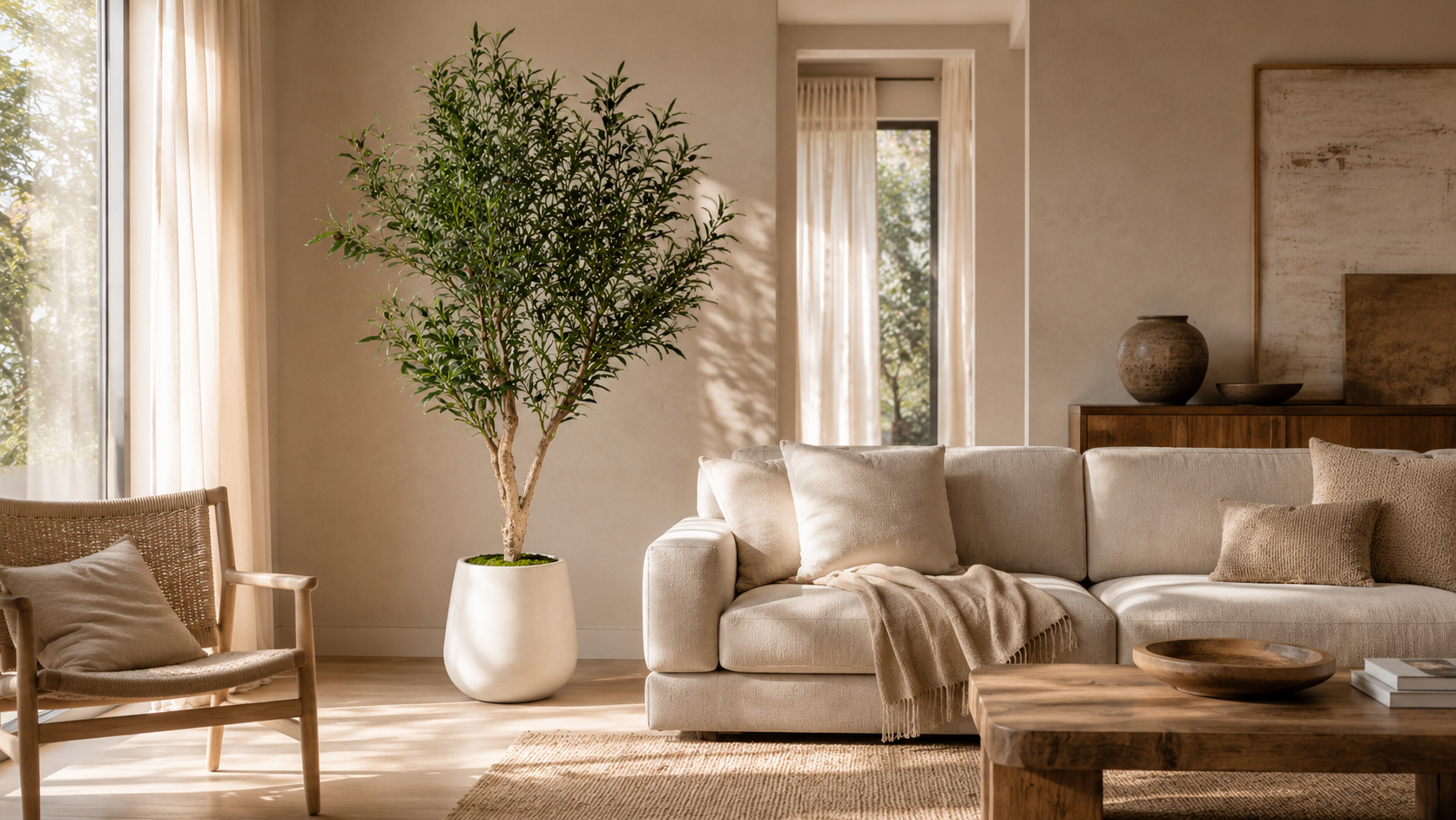 Premium faux olive tree in a warm minimal living room with a cream sofa, natural wood furniture, and soft sunlight.