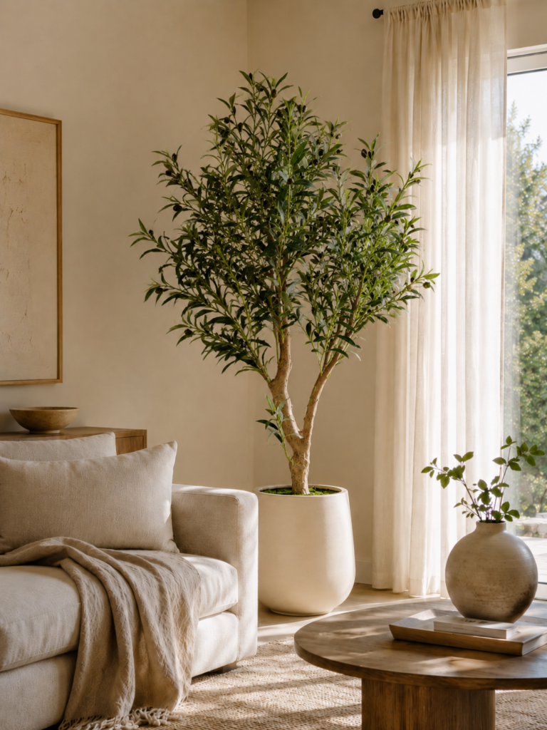 Sunlit Olive Tree in a Warm Minimal Living Room