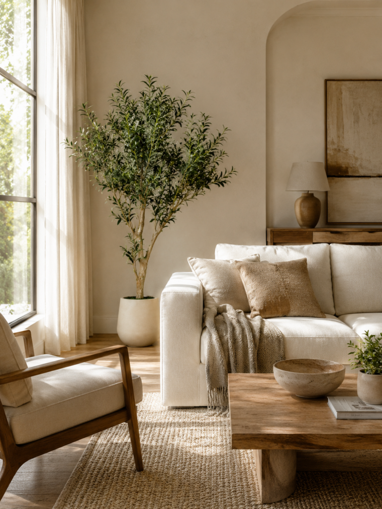 Faux olive tree in a bright modern living room with cream seating, a wood coffee table, and soft natural sunlight.