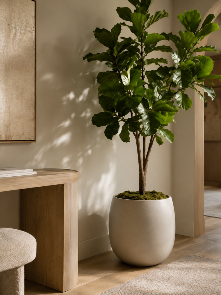 Close view of a faux fiddle leaf fig in a white planter beside a wood console and upholstered bench.