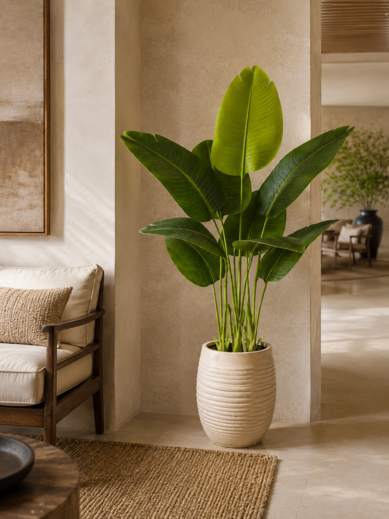 Bird of paradise plant styled in a boutique hotel lobby beside a lounge chair and textured rug.