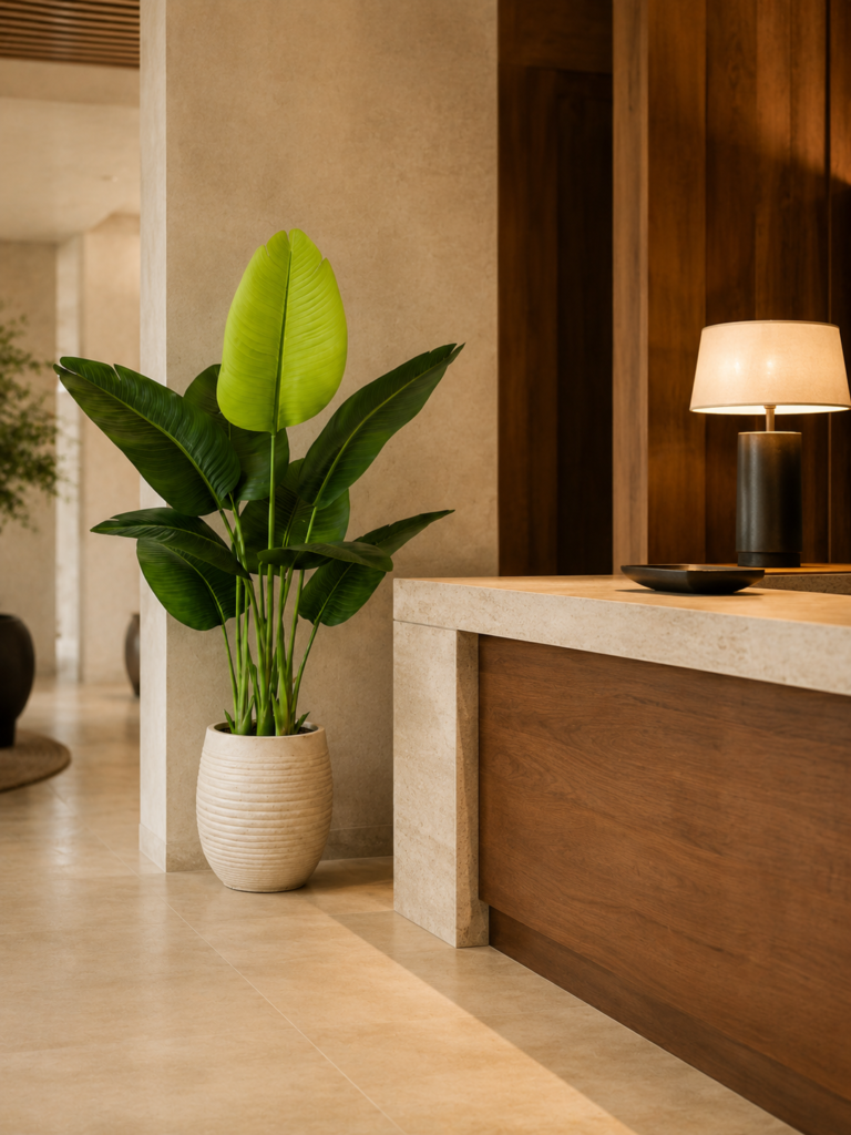 Bird of paradise plant beside a reception counter in a warm modern boutique hotel lobby.