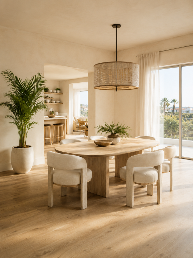 Lifelike faux areca palm in a bright modern dining room with a wood table, cream chairs, and woven pendant light.