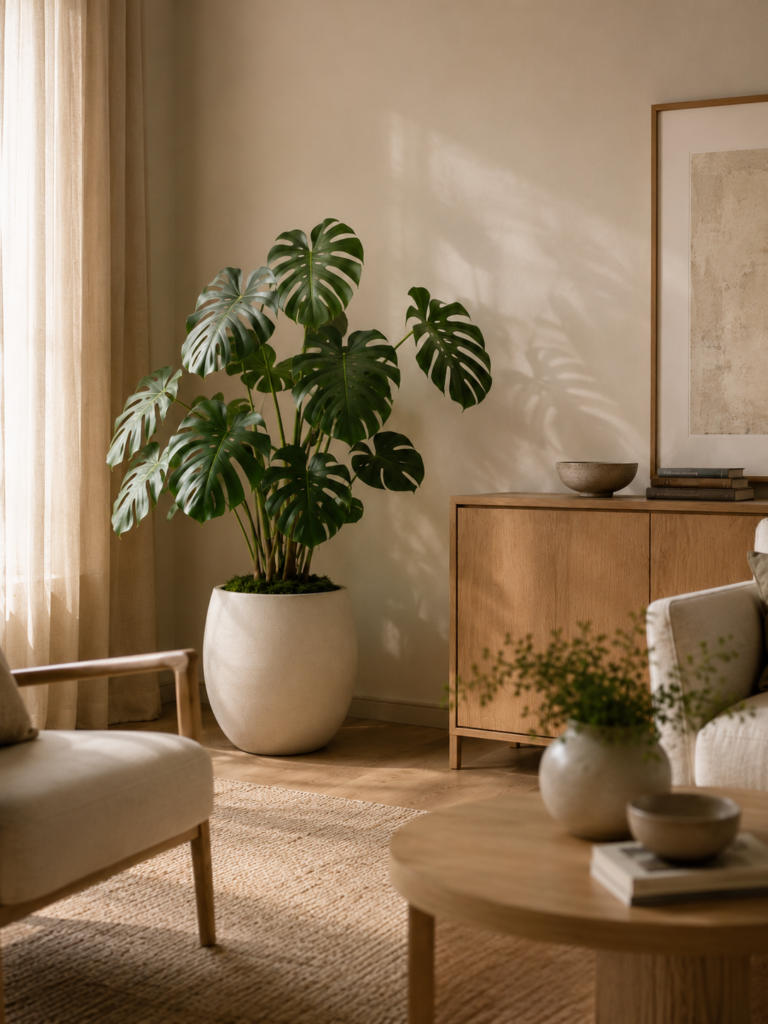 Faux monstera plant in a soft contemporary living room with a round coffee table and neutral seating.