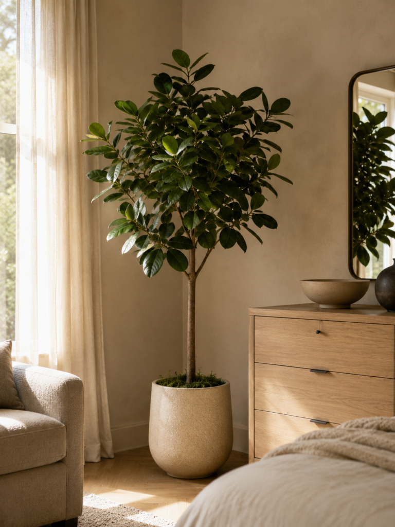 Tall faux rubber tree in a textured planter beside a wood dresser in a warm neutral bedroom.
