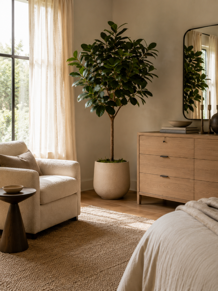 Faux rubber tree in a contemporary bedroom corner with a cream chair, wood dresser, and softly lit bed.